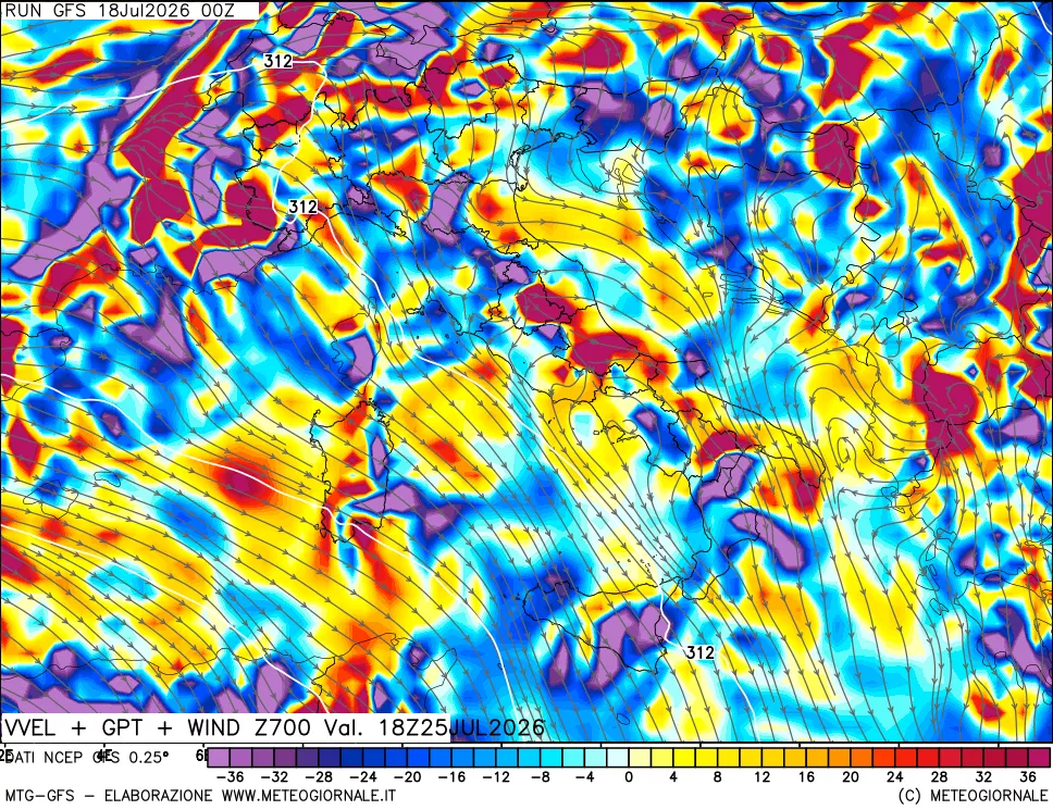 mappa 700 hPa Velocità verticiali + GPT + Vento