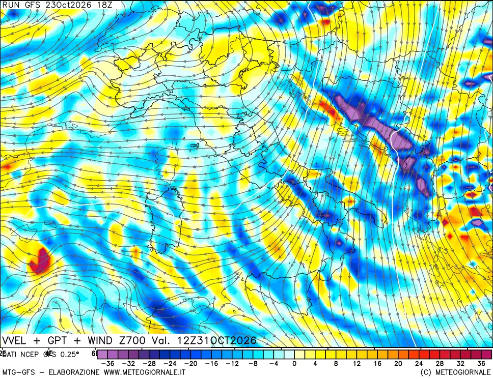 mappa 700 hPa Velocità verticiali + GPT + Vento