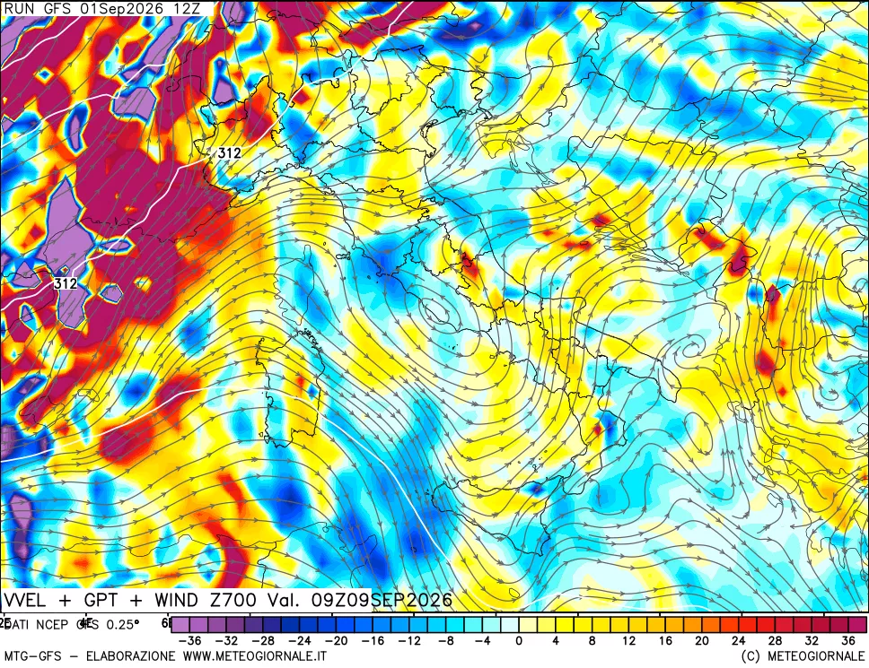 mappa 700 hPa Velocità verticiali + GPT + Vento