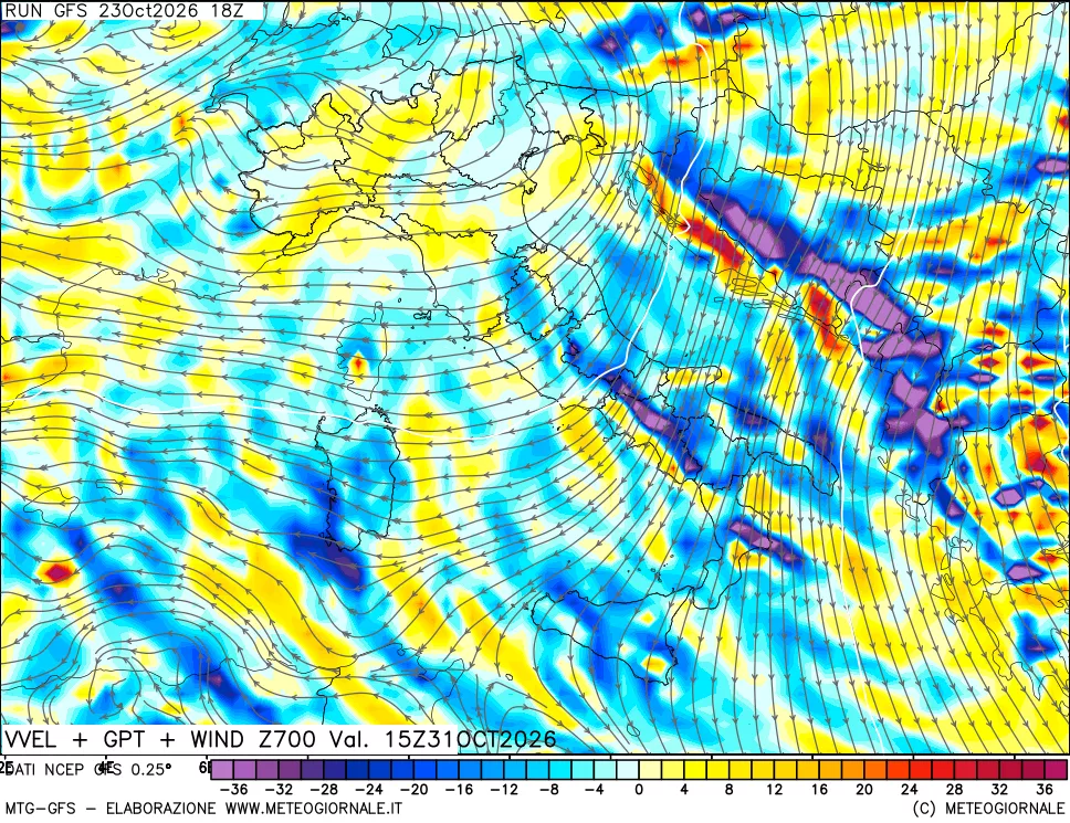mappa 700 hPa Velocità verticiali + GPT + Vento
