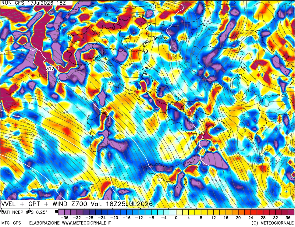 mappa 700 hPa Velocità verticiali + GPT + Vento