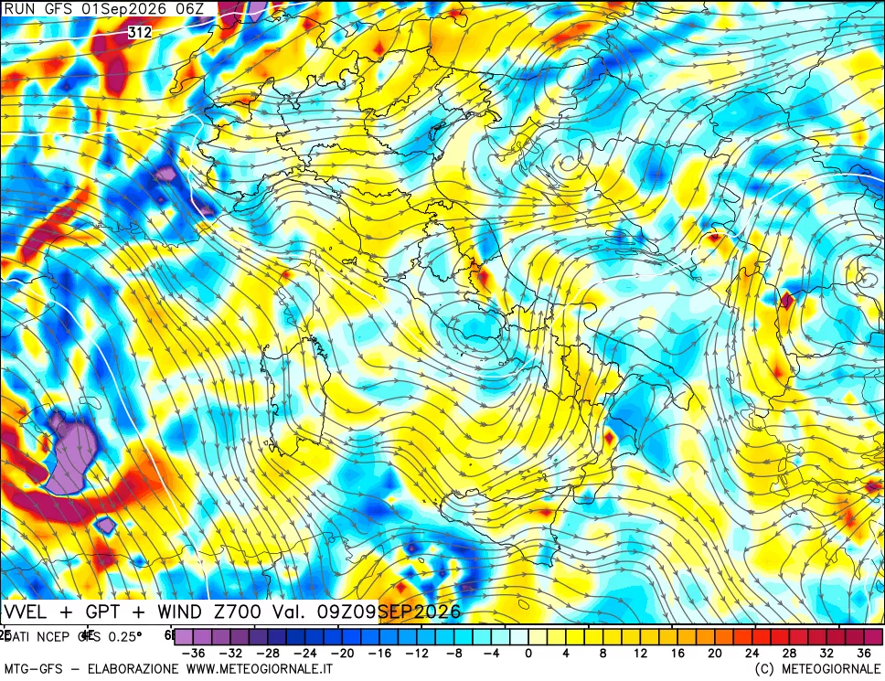 mappa 700 hPa Velocità verticiali + GPT + Vento