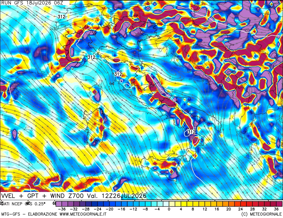 mappa 700 hPa Velocità verticiali + GPT + Vento