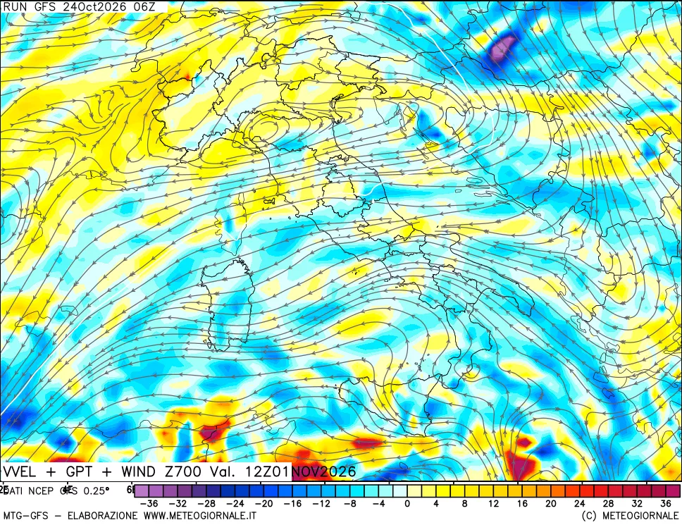 mappa 700 hPa Velocità verticiali + GPT + Vento