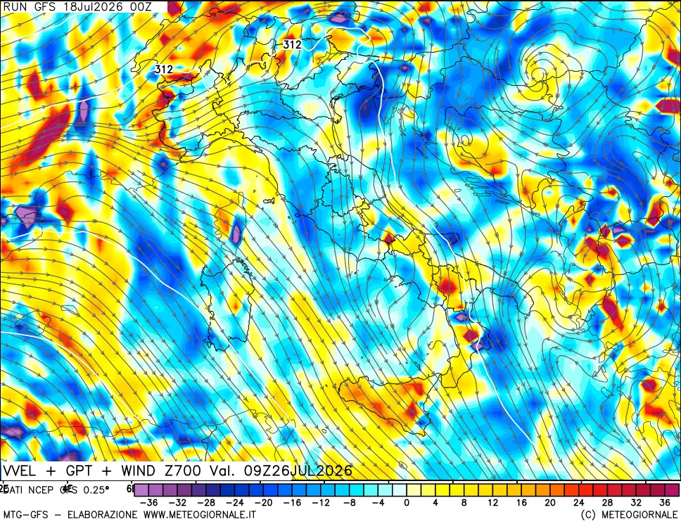 mappa 700 hPa Velocità verticiali + GPT + Vento