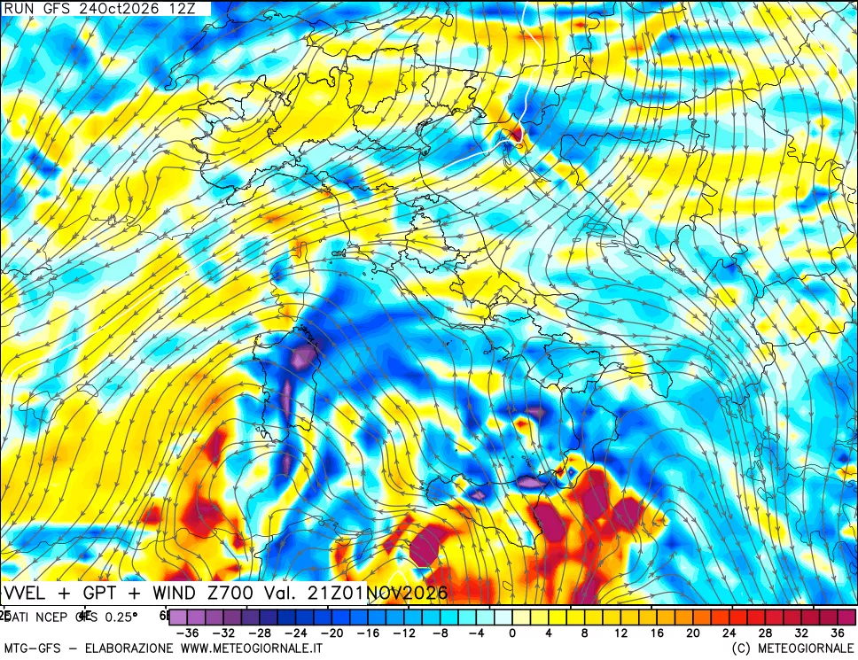 mappa 700 hPa Velocità verticiali + GPT + Vento
