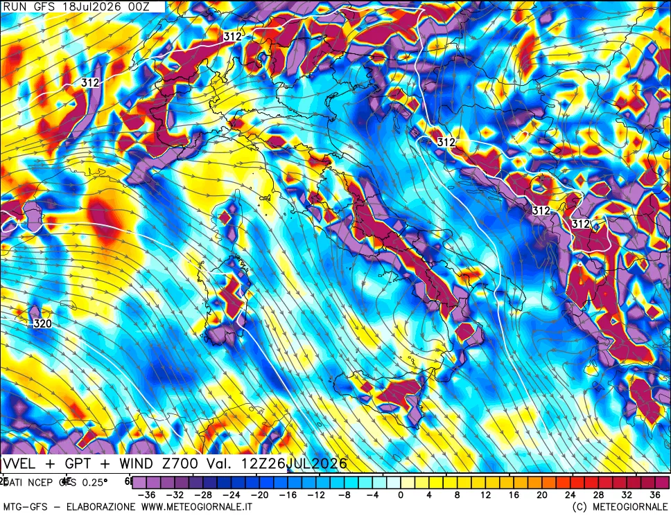 mappa 700 hPa Velocità verticiali + GPT + Vento