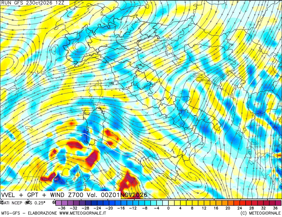 mappa 700 hPa Velocità verticiali + GPT + Vento