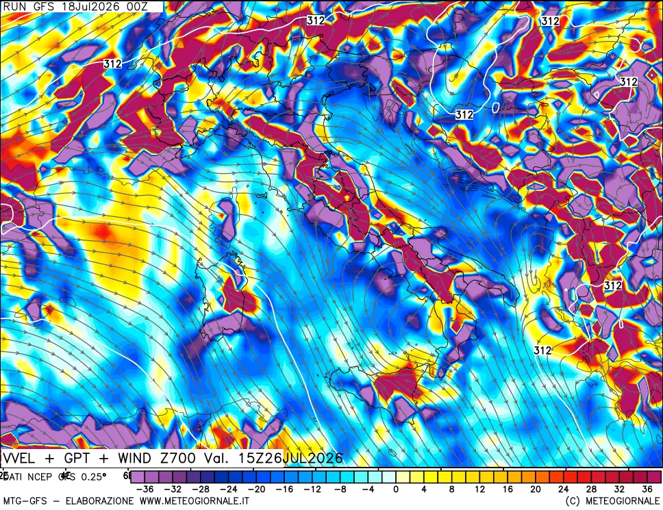 mappa 700 hPa Velocità verticiali + GPT + Vento