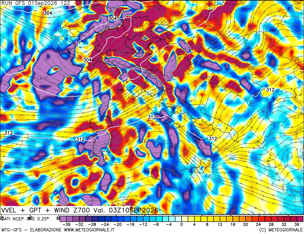 mappa 700 hPa Velocità verticiali + GPT + Vento