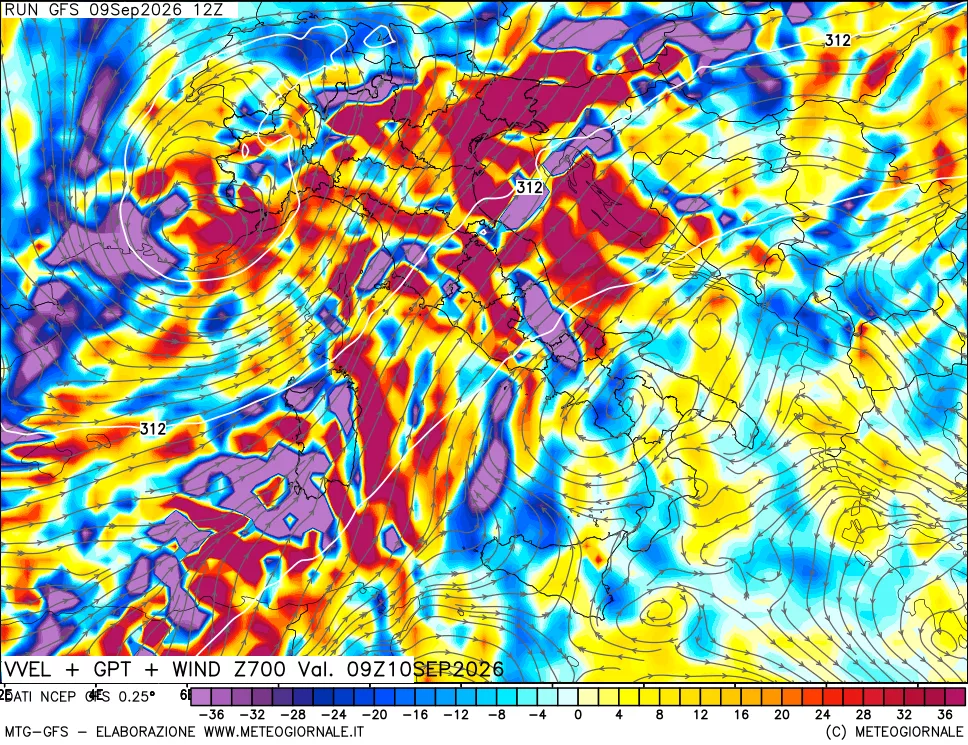 mappa 700 hPa Velocità verticiali + GPT + Vento