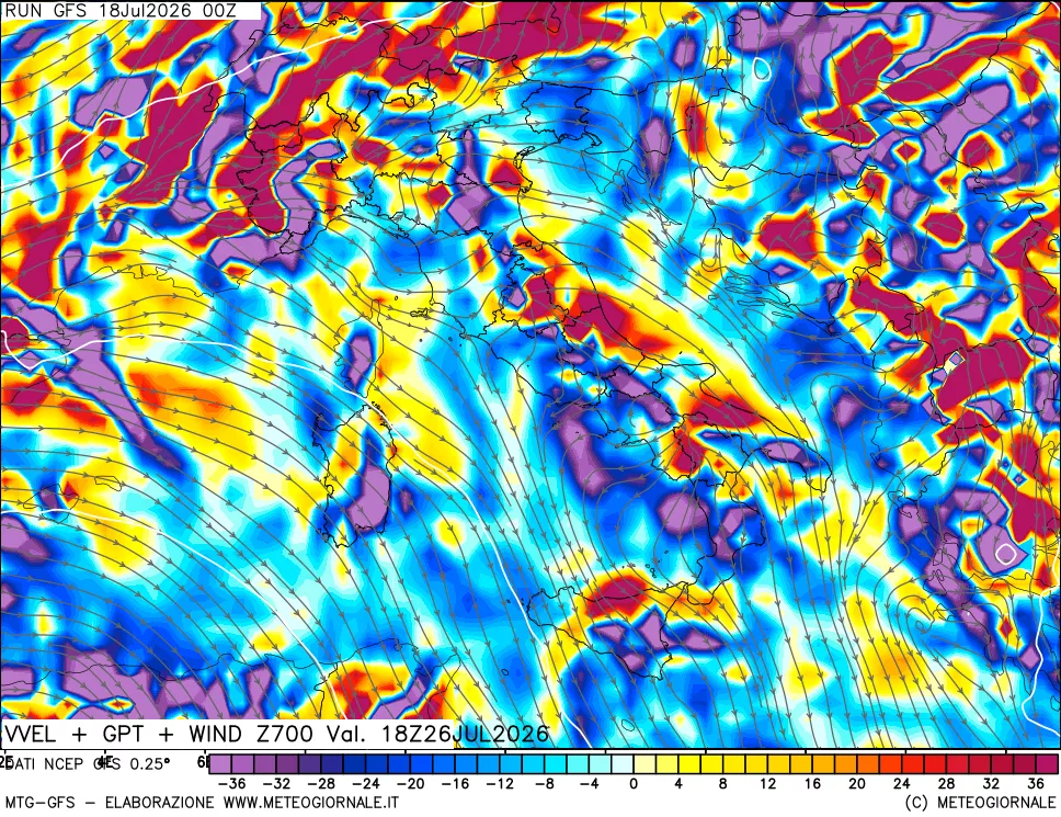 mappa 700 hPa Velocità verticiali + GPT + Vento