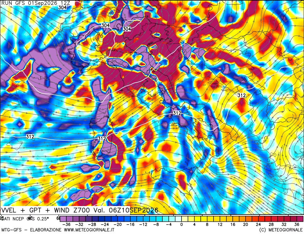 mappa 700 hPa Velocità verticiali + GPT + Vento