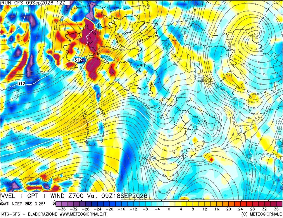 mappa 700 hPa Velocità verticiali + GPT + Vento