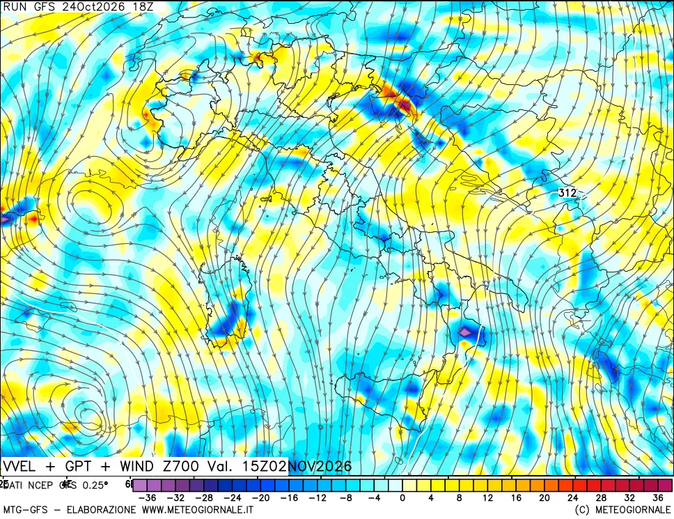 mappa 700 hPa Velocità verticiali + GPT + Vento