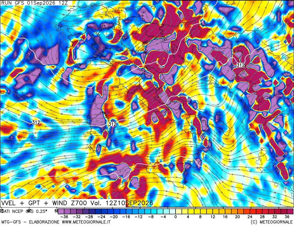 mappa 700 hPa Velocità verticiali + GPT + Vento