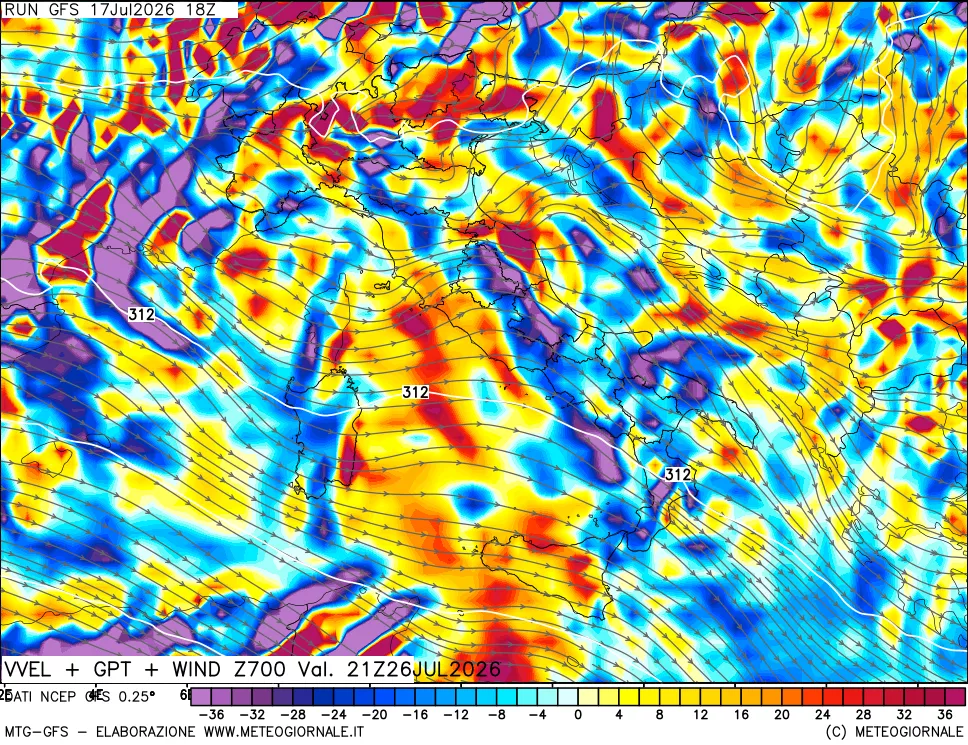 mappa 700 hPa Velocità verticiali + GPT + Vento