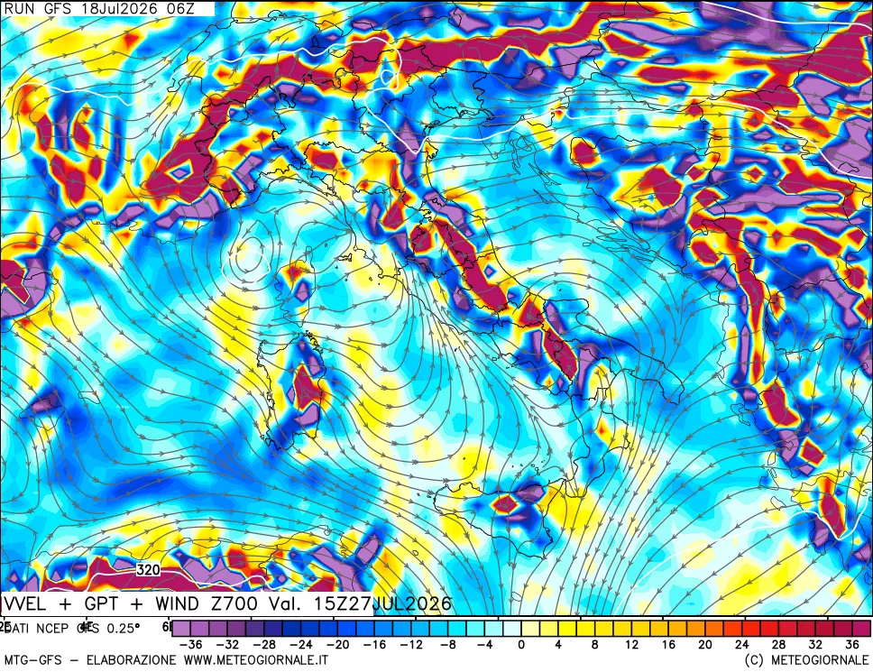 mappa 700 hPa Velocità verticiali + GPT + Vento