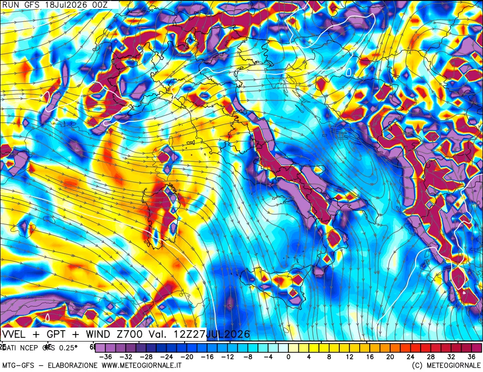 mappa 700 hPa Velocità verticiali + GPT + Vento