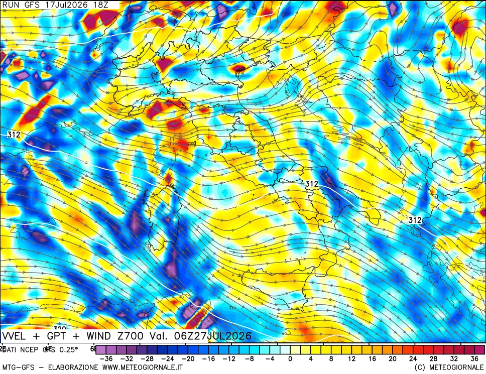 mappa 700 hPa Velocità verticiali + GPT + Vento