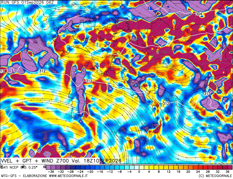 mappa 700 hPa Velocità verticiali + GPT + Vento