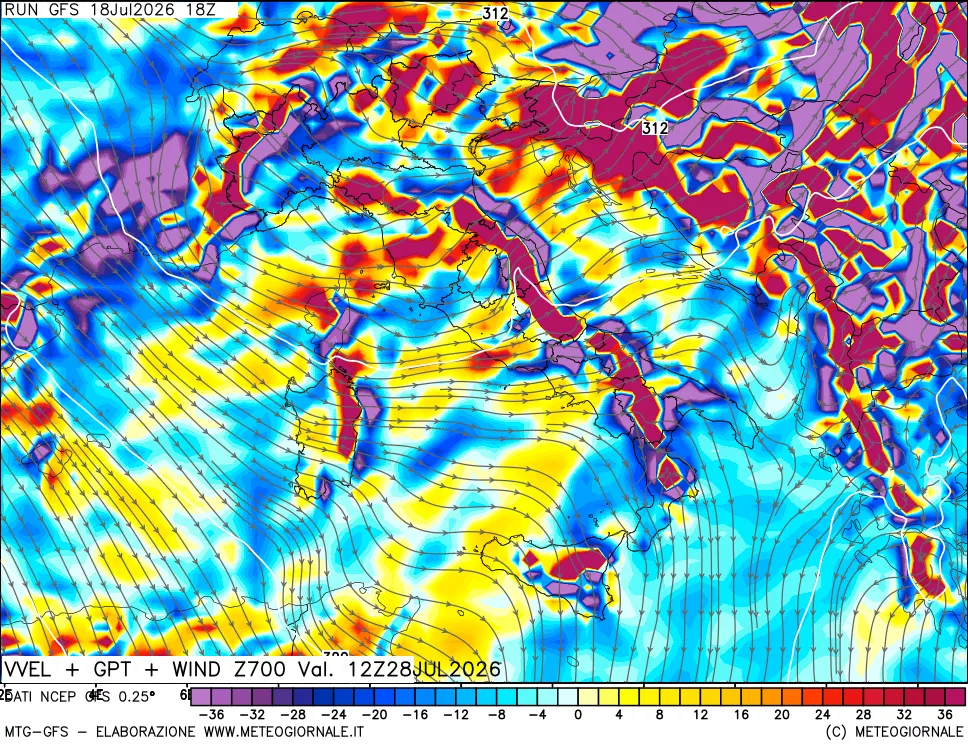 mappa 700 hPa Velocità verticiali + GPT + Vento
