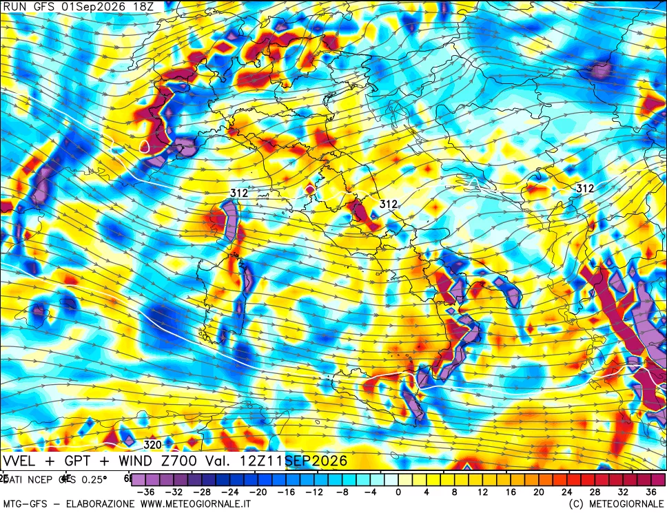 mappa 700 hPa Velocità verticiali + GPT + Vento