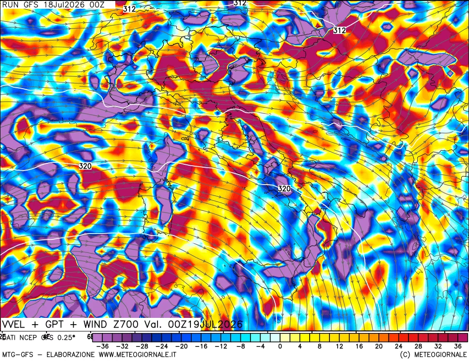 mappa 700 hPa Velocità verticiali + GPT + Vento