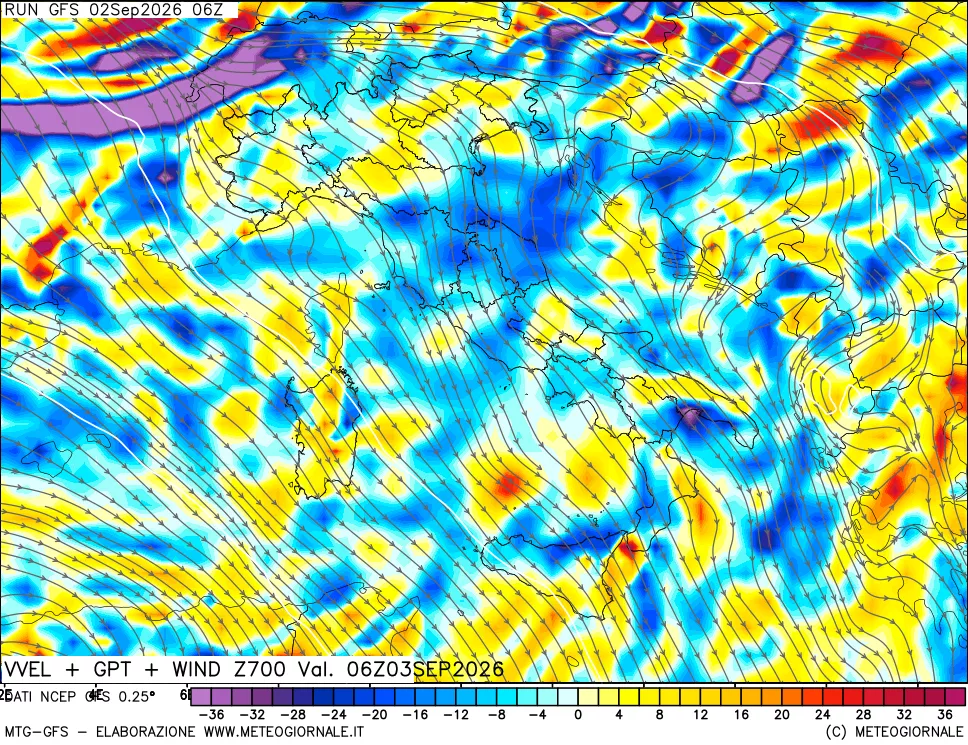 mappa 700 hPa Velocità verticiali + GPT + Vento