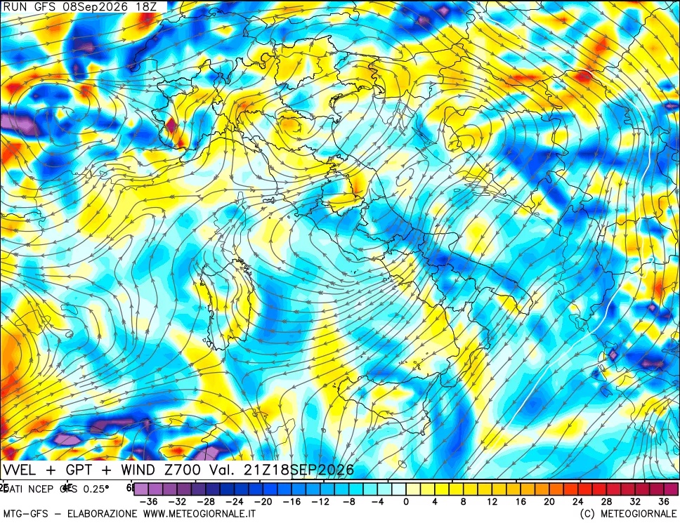 mappa 700 hPa Velocità verticiali + GPT + Vento