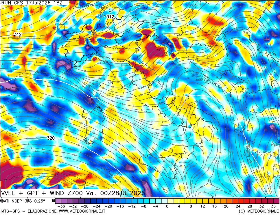 mappa 700 hPa Velocità verticiali + GPT + Vento