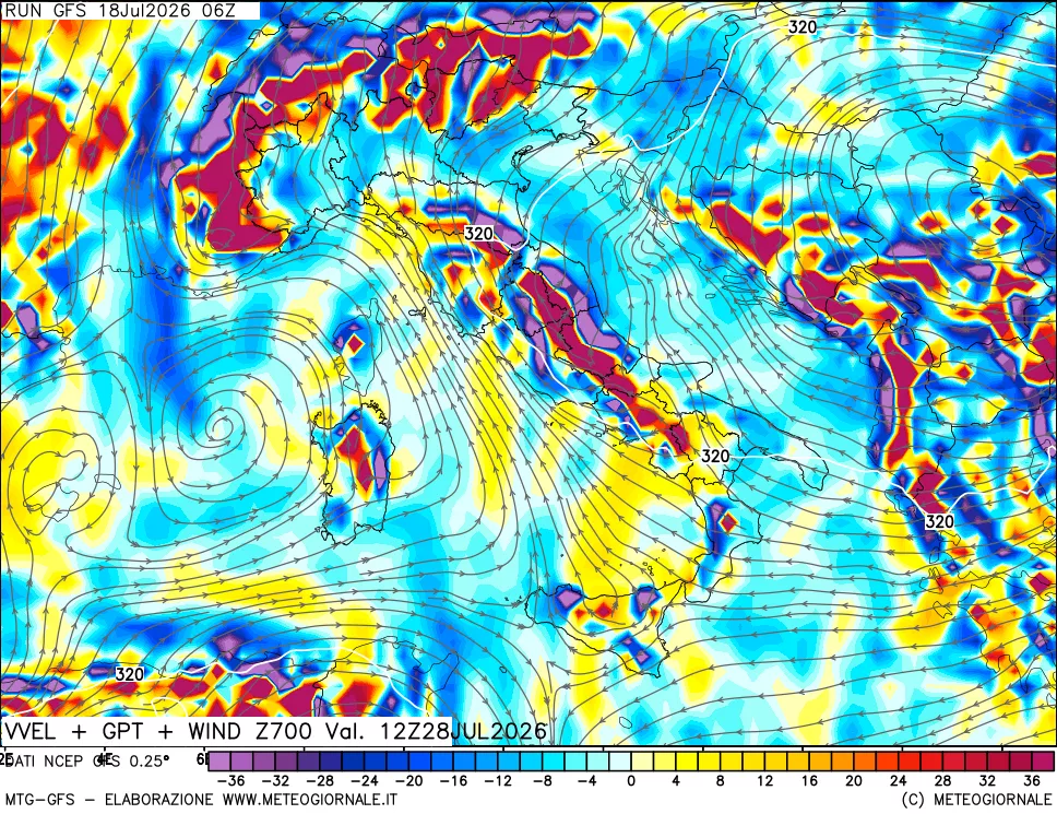 mappa 700 hPa Velocità verticiali + GPT + Vento