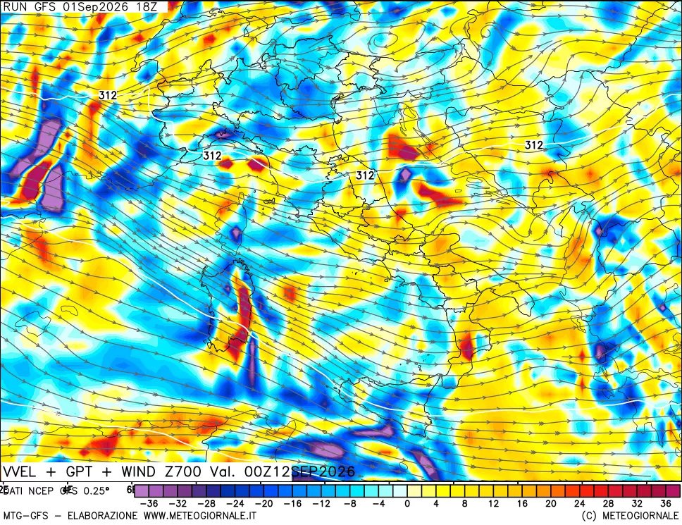 mappa 700 hPa Velocità verticiali + GPT + Vento