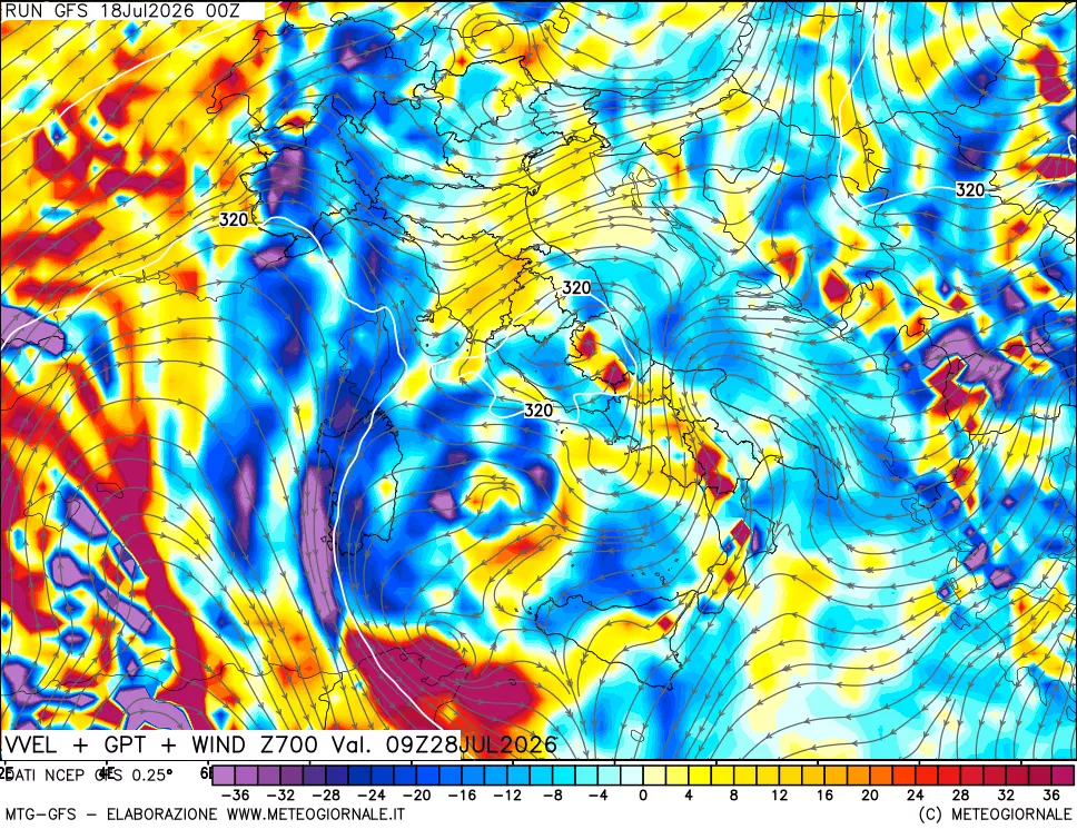 mappa 700 hPa Velocità verticiali + GPT + Vento