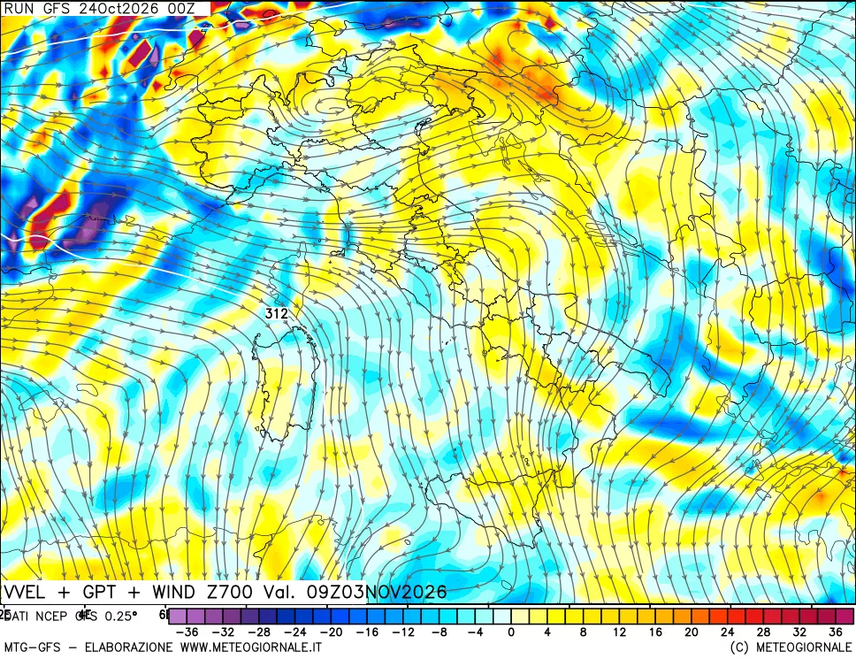 mappa 700 hPa Velocità verticiali + GPT + Vento