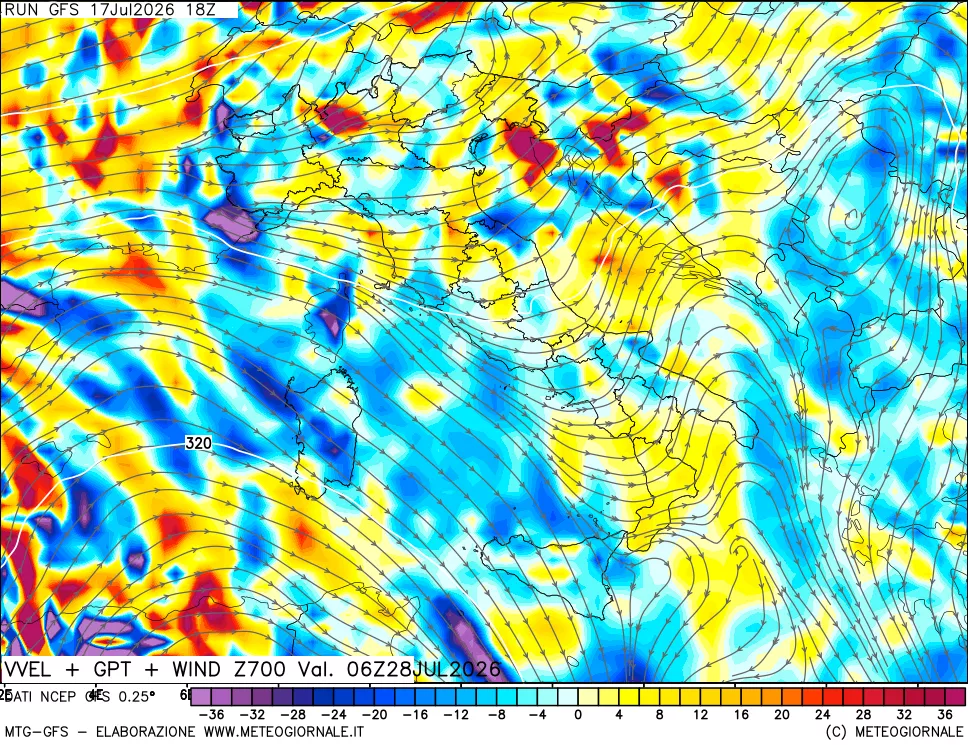mappa 700 hPa Velocità verticiali + GPT + Vento