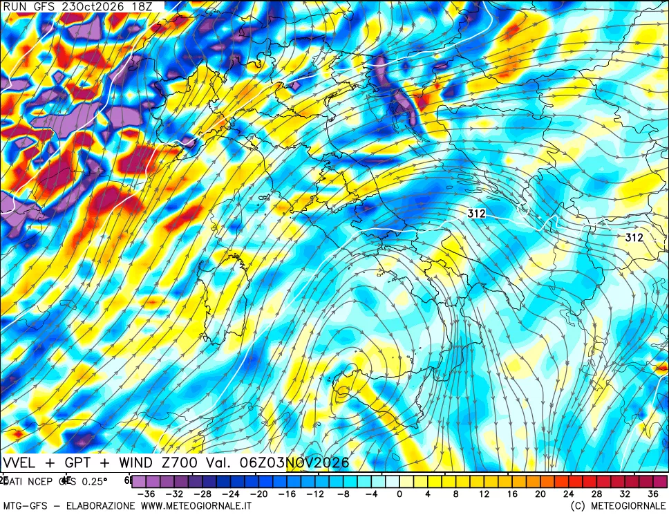 mappa 700 hPa Velocità verticiali + GPT + Vento