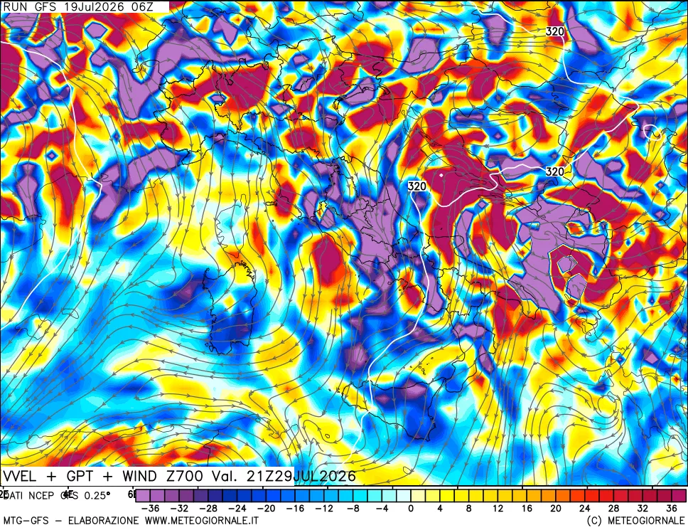mappa 700 hPa Velocità verticiali + GPT + Vento