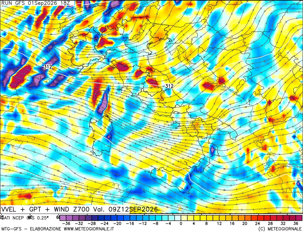 mappa 700 hPa Velocità verticiali + GPT + Vento