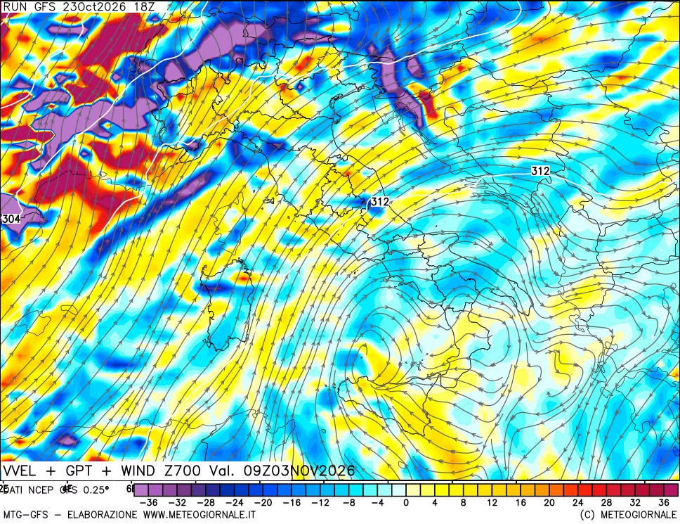 mappa 700 hPa Velocità verticiali + GPT + Vento