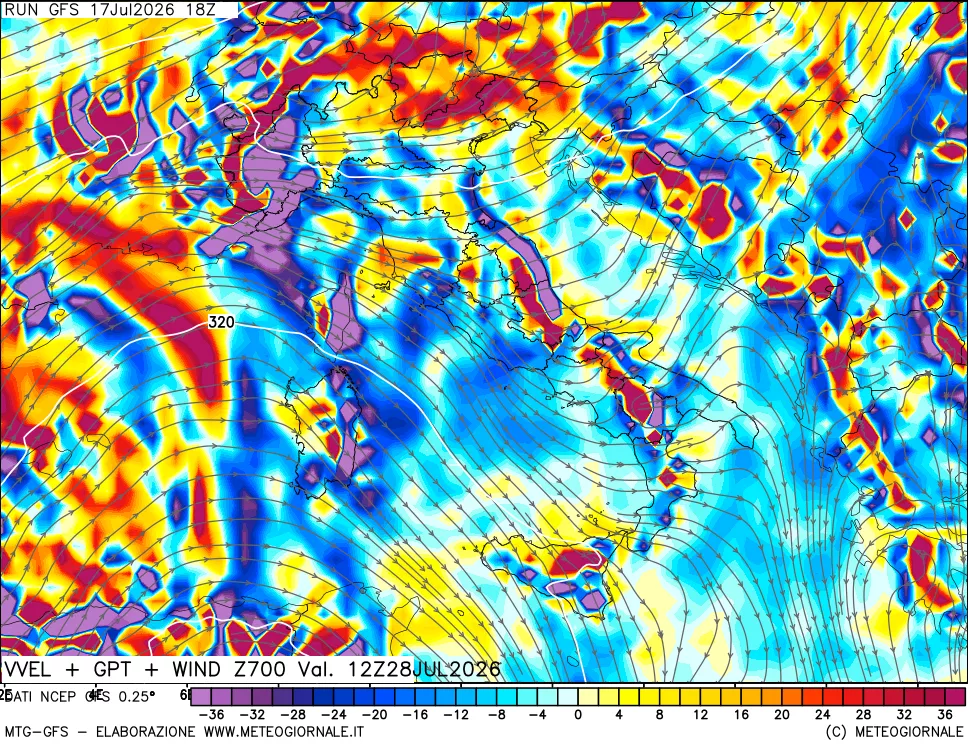 mappa 700 hPa Velocità verticiali + GPT + Vento