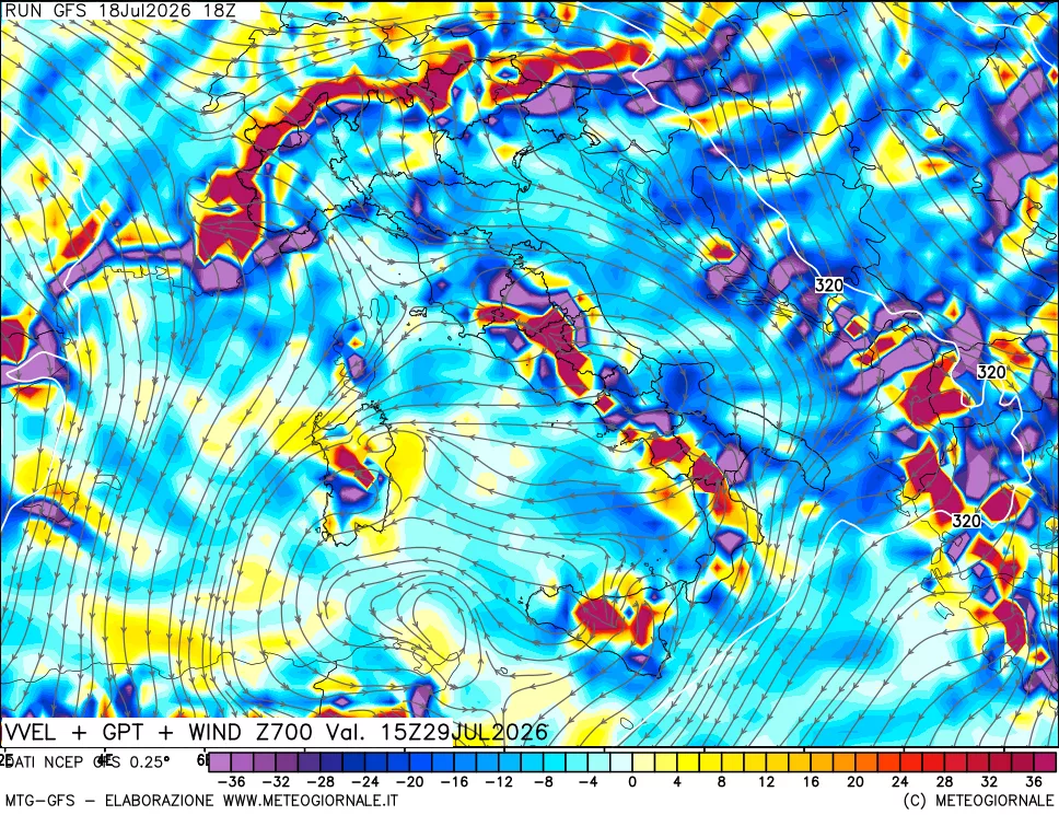 mappa 700 hPa Velocità verticiali + GPT + Vento