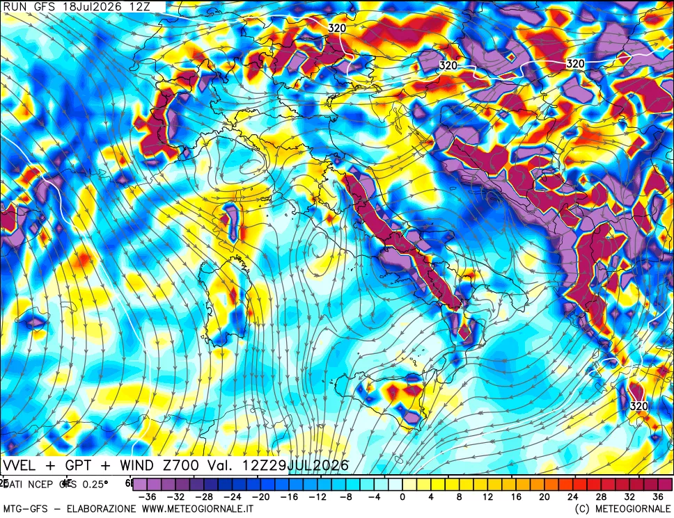 mappa 700 hPa Velocità verticiali + GPT + Vento