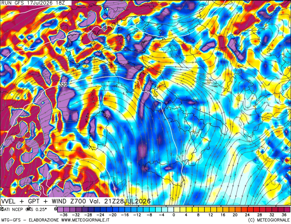mappa 700 hPa Velocità verticiali + GPT + Vento