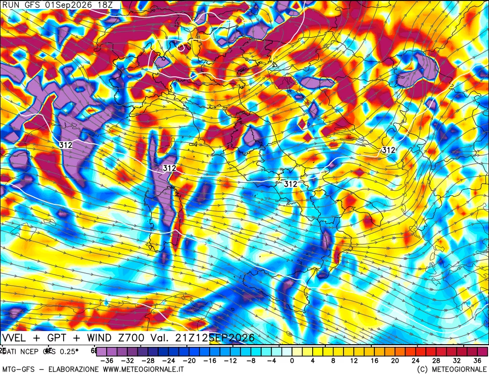 mappa 700 hPa Velocità verticiali + GPT + Vento