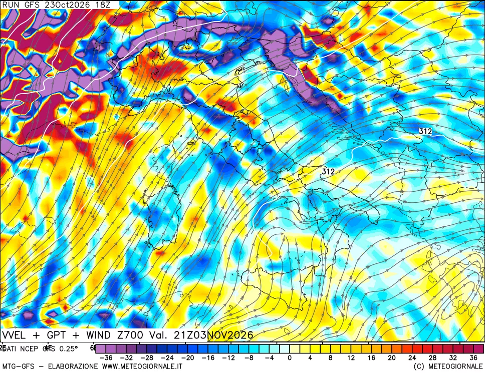 mappa 700 hPa Velocità verticiali + GPT + Vento