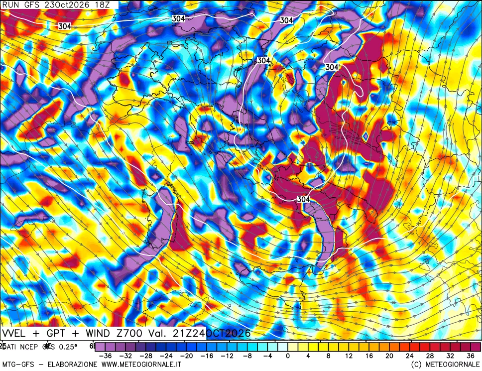 mappa 700 hPa Velocità verticiali + GPT + Vento