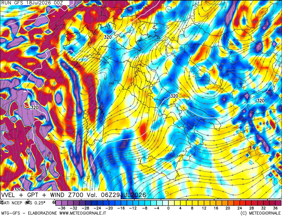 mappa 700 hPa Velocità verticiali + GPT + Vento