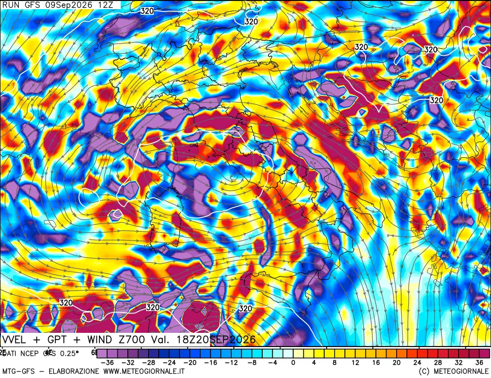 mappa 700 hPa Velocità verticiali + GPT + Vento