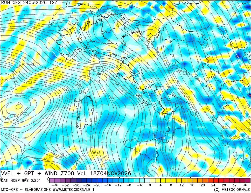 mappa 700 hPa Velocità verticiali + GPT + Vento